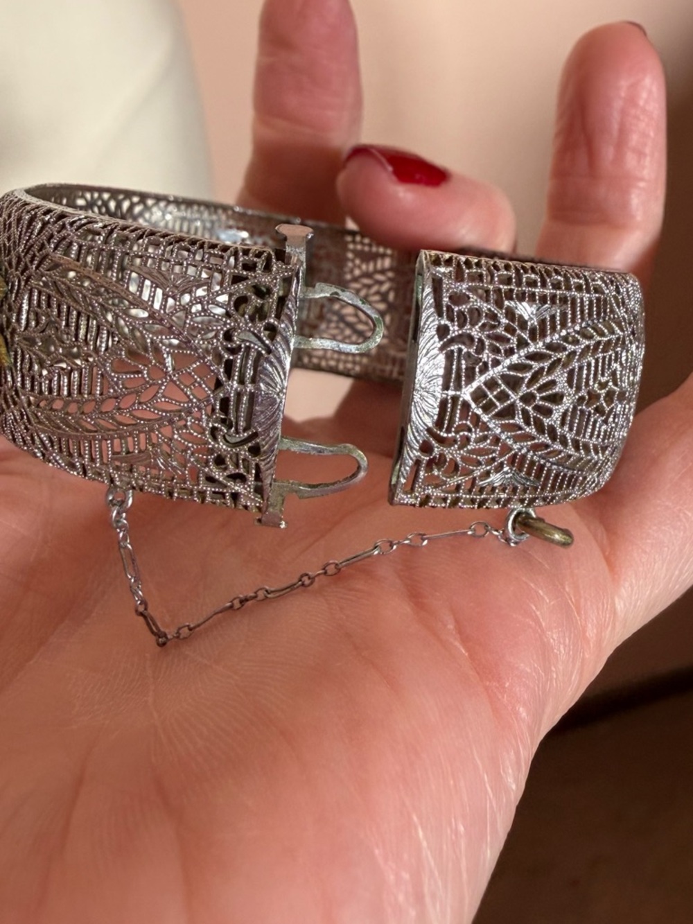 Antique 1920’s Art deco Silver Filagree Pale blue Marquee Glass Wide Bracelet - Picture 11 of 17